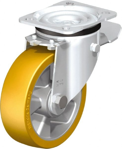 Blickle - 5" Diam x 1-9/16" Wide x 6-7/64" OAH Top Plate Mount Swivel Caster with Brake - Polyurethane-Elastomer Blickle Extrathane, 770 Lb Capacity, Ball Bearing, 3-15/16 x 3-3/8" Plate - Exact Tooling