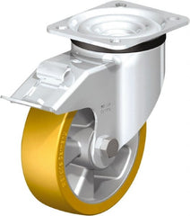 Blickle - 5" Diam x 1-9/16" Wide x 6-7/64" OAH Top Plate Mount Swivel Caster with Brake - Polyurethane-Elastomer Blickle Extrathane, 770 Lb Capacity, Ball Bearing, 3-15/16 x 3-3/8" Plate - Exact Tooling