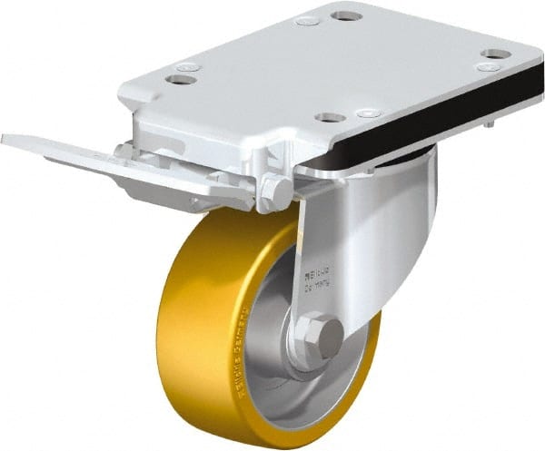Blickle - 4" Diam x 1-9/16" Wide x 5-25/32" OAH Top Plate Mount Swivel Caster with Brake - Polyurethane-Elastomer Blickle Extrathane, 550 Lb Capacity, Ball Bearing, 5-1/2 x 4-3/8" Plate - Exact Tooling