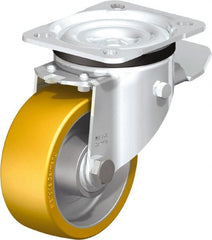 Blickle - 4" Diam x 1-9/16" Wide x 5-7/64" OAH Top Plate Mount Swivel Caster with Brake - Polyurethane-Elastomer Blickle Extrathane, 550 Lb Capacity, Ball Bearing, 3-15/16 x 3-3/8" Plate - Exact Tooling