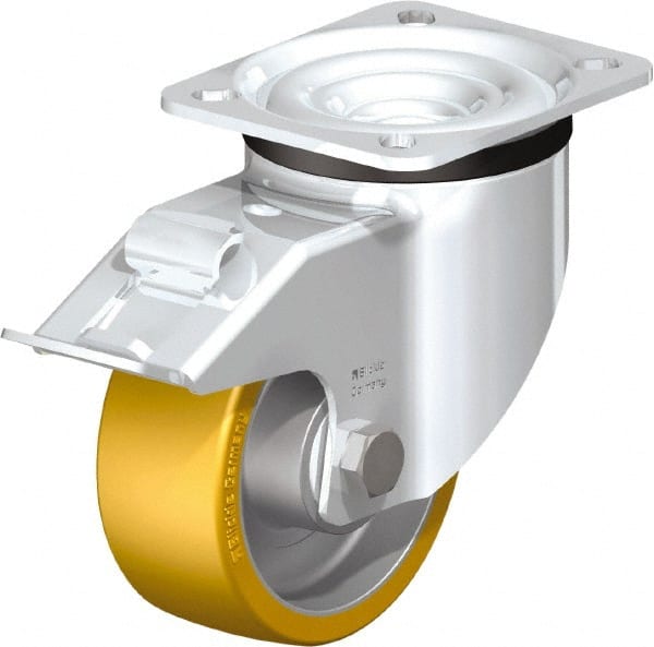 Blickle - 4" Diam x 1-9/16" Wide x 5-7/64" OAH Top Plate Mount Swivel Caster with Brake - Polyurethane-Elastomer Blickle Extrathane, 550 Lb Capacity, Ball Bearing, 3-15/16 x 3-3/8" Plate - Exact Tooling