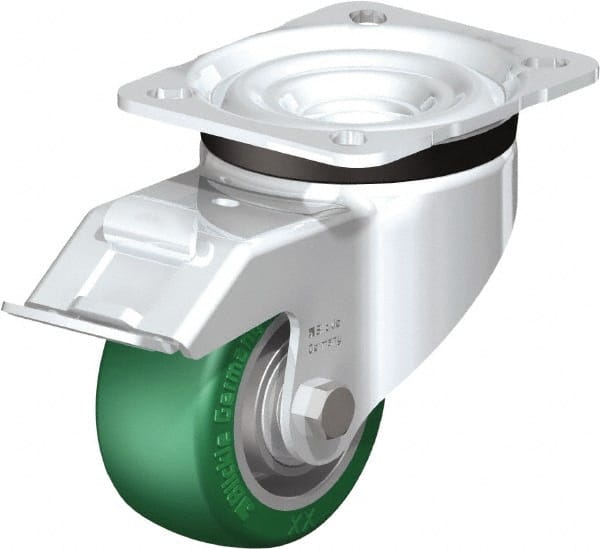 Blickle - 3" Diam x 1-9/16" Wide x 4-21/64" OAH Top Plate Mount Swivel Caster with Brake - Polyurethane-Elastomer Blickle Softhane, 506 Lb Capacity, Ball Bearing, 3-15/16 x 3-3/8" Plate - Exact Tooling