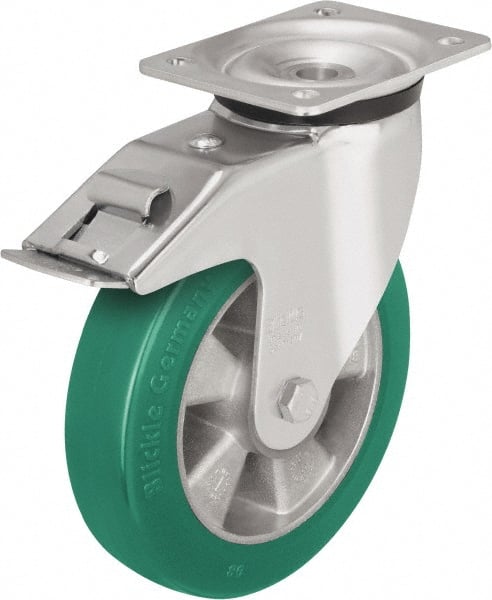 Blickle - 8" Diam x 2" Wide x 9-21/32" OAH Top Plate Mount Swivel Caster with Brake - Polyurethane-Elastomer Blickle Softhane, 1,320 Lb Capacity, Ball Bearing, 5-1/2 x 4-3/8" Plate - Exact Tooling