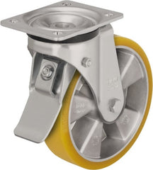 Blickle - 6-1/2" Diam x 1-31/32" Wide x 7-61/64" OAH Top Plate Mount Swivel Caster with Brake - Polyurethane-Elastomer Blickle Extrathane, 1,210 Lb Capacity, Ball Bearing, 5-1/2 x 4-3/8" Plate - Exact Tooling