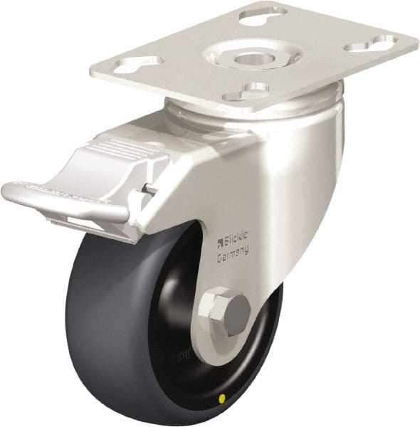 Blickle - 3" Diam x 1-1/4" Wide x 4-3/8" OAH Top Plate Mount Swivel Caster with Brake - Thermoplastic Rubber Elastomer (TPE), 143 Lb Capacity, Plain Bore Bearing, 3-9/16 x 2-5/8" Plate - Exact Tooling