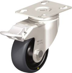 Blickle - 3" Diam x 1-1/4" Wide x 4-3/8" OAH Top Plate Mount Swivel Caster with Brake - Thermoplastic Rubber Elastomer (TPE), 143 Lb Capacity, Plain Bore Bearing, 3-9/16 x 2-5/8" Plate - Exact Tooling