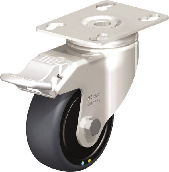 Blickle - 3" Diam x 1-1/4" Wide x 4-3/8" OAH Top Plate Mount Swivel Caster with Brake - Thermoplastic Rubber Elastomer (TPE), 143 Lb Capacity, Ball Bearing, 3-9/16 x 2-5/8" Plate - Exact Tooling