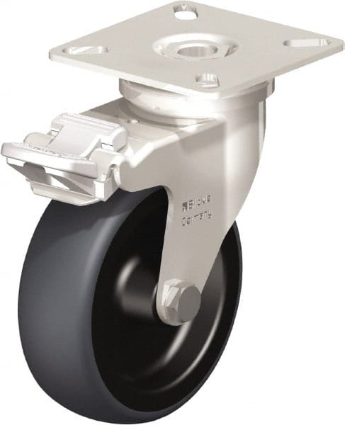 Blickle - 3" Diam x 63/64" Wide x 3-15/16" OAH Top Plate Mount Swivel Caster with Brake - Thermoplastic Rubber Elastomer (TPE), 165 Lb Capacity, Plain Bore Bearing, 2-3/8 x 2-3/8" Plate - Exact Tooling