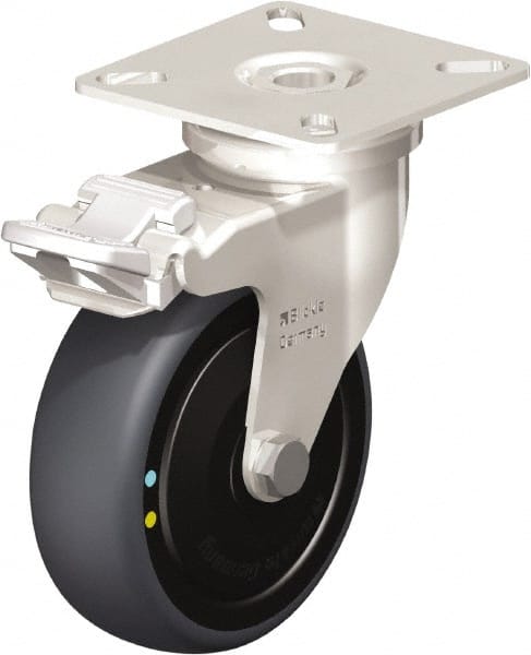 Blickle - 3" Diam x 63/64" Wide x 3-15/16" OAH Top Plate Mount Swivel Caster with Brake - Thermoplastic Rubber Elastomer (TPE), 110 Lb Capacity, Ball Bearing, 2-3/8 x 2-3/8" Plate - Exact Tooling