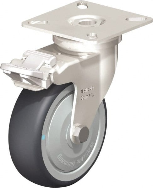 Blickle - 3" Diam x 63/64" Wide x 3-15/16" OAH Top Plate Mount Swivel Caster with Brake - Thermoplastic Rubber Elastomer (TPE), 165 Lb Capacity, Ball Bearing, 2-3/8 x 2-3/8" Plate - Exact Tooling