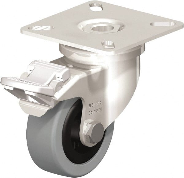 Blickle - 2" Diam x 45/64" Wide x 2-51/64" OAH Top Plate Mount Swivel Caster with Brake - Solid Rubber, 88 Lb Capacity, Plain Bore Bearing, 2-3/8 x 2-3/8" Plate - Exact Tooling