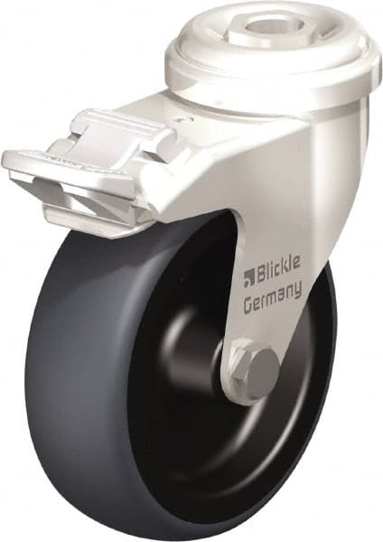 Blickle - 3" Diam x 63/64" Wide x 3-27/32" OAH Hollow Kingpin Mount Swivel Caster with Brake - Thermoplastic Rubber Elastomer (TPE), 165 Lb Capacity, Plain Bore Bearing, Hollow Kingpin Stem - Exact Tooling