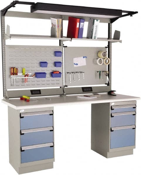 Rousseau Metal - 6 Drawer, 2 Shelf Workstation - 775 Lb Capacity, Plastic Laminate Top, Everest Blue, 72" Wide x 80" High x 30" Long - Exact Tooling