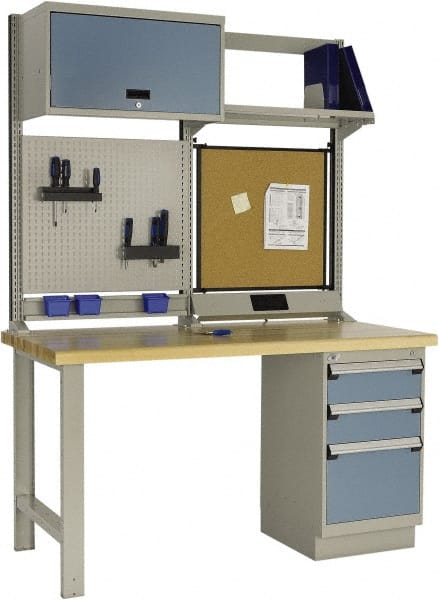 Rousseau Metal - 3 Drawer, 2 Shelf Workstation - 2,750 Lb Capacity, Wood Top, Everest Blue, 60" Wide x 80" High x 30" Long - Exact Tooling