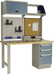 Rousseau Metal - 3 Drawer, 2 Shelf Workstation - 2,750 Lb Capacity, Wood Top, Everest Blue, 60" Wide x 80" High x 30" Long - Exact Tooling