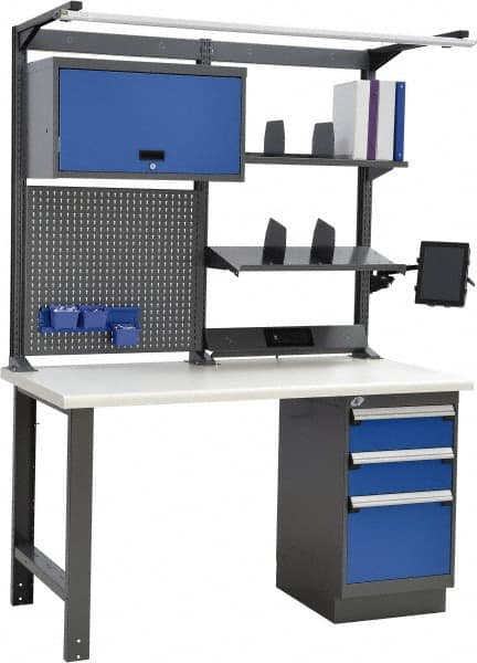 Rousseau Metal - 3 Drawer, 2 Shelf Workstation - 775 Lb Capacity, Plastic Top, Avalanche Blue, 60" Wide x 80" High x 30" Long - Exact Tooling