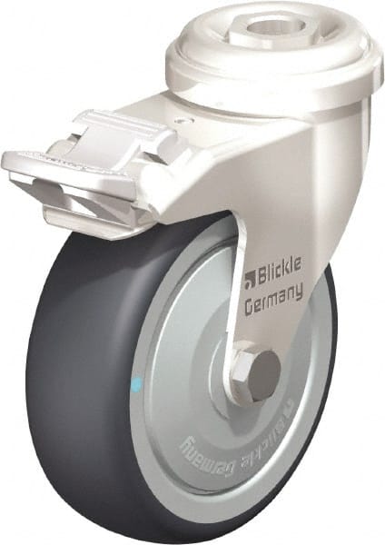 Blickle - 3" Diam x 63/64" Wide x 3-27/32" OAH Hollow Kingpin Mount Swivel Caster with Brake - Thermoplastic Rubber Elastomer (TPE), 165 Lb Capacity, Ball Bearing, Hollow Kingpin Stem - Exact Tooling