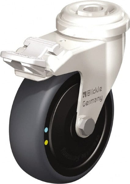 Blickle - 3" Diam x 63/64" Wide x 3-27/32" OAH Hollow Kingpin Mount Swivel Caster with Brake - Thermoplastic Rubber Elastomer (TPE), 110 Lb Capacity, Ball Bearing, Hollow Kingpin Stem - Exact Tooling