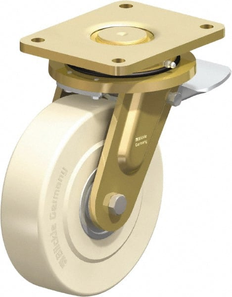 Blickle - 8" Diam x 2-5/32" Wide x 10-1/32" OAH Top Plate Mount Swivel Caster with Brake - Impact-Resistant Cast Nylon, 6,600 Lb Capacity, Ball Bearing, 6-7/8 x 5-1/2" Plate - Exact Tooling