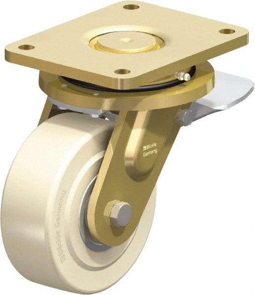 Blickle - 6" Diam x 2-5/32" Wide x 8-5/64" OAH Top Plate Mount Swivel Caster with Brake - Impact-Resistant Cast Nylon, 5,500 Lb Capacity, Ball Bearing, 6-7/8 x 5-1/2" Plate - Exact Tooling