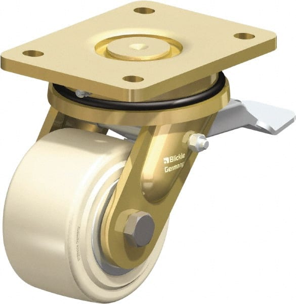 Blickle - 4" Diam x 2-5/32" Wide x 5-5/64" OAH Top Plate Mount Swivel Caster with Brake - Impact-Resistant Cast Nylon, 3,300 Lb Capacity, Ball Bearing, 5-1/2 x 4-3/8" Plate - Exact Tooling