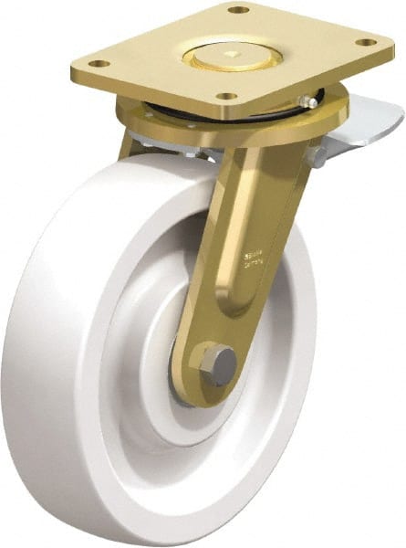 Blickle - 10" Diam x 2-9/16" Wide x 12" OAH Top Plate Mount Swivel Caster with Brake - Impact-Resistant Nylon, 4,400 Lb Capacity, Ball Bearing, 6-7/8 x 5-1/2" Plate - Exact Tooling