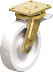 Blickle - 10" Diam x 2-9/16" Wide x 12" OAH Top Plate Mount Swivel Caster with Brake - Impact-Resistant Nylon, 4,400 Lb Capacity, Plain Bore Bearing, 6-7/8 x 5-1/2" Plate - Exact Tooling