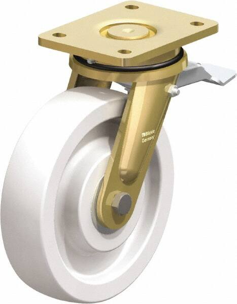 Blickle - 8" Diam x 1-31/32" Wide x 9-41/64" OAH Top Plate Mount Swivel Caster with Brake - Impact-Resistant Nylon, 3,300 Lb Capacity, Ball Bearing, 5-1/2 x 4-3/8" Plate - Exact Tooling