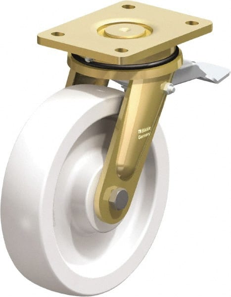 Blickle - 8" Diam x 1-31/32" Wide x 9-41/64" OAH Top Plate Mount Swivel Caster with Brake - Impact-Resistant Nylon, 3,300 Lb Capacity, Plain Bore Bearing, 5-1/2 x 4-3/8" Plate - Exact Tooling