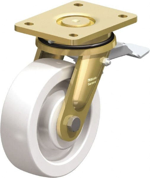 Blickle - 6-1/2" Diam x 1-31/32" Wide x 8-1/16" OAH Top Plate Mount Swivel Caster with Brake - Impact-Resistant Nylon, 1,870 Lb Capacity, Ball Bearing, 5-1/2 x 4-3/8" Plate - Exact Tooling
