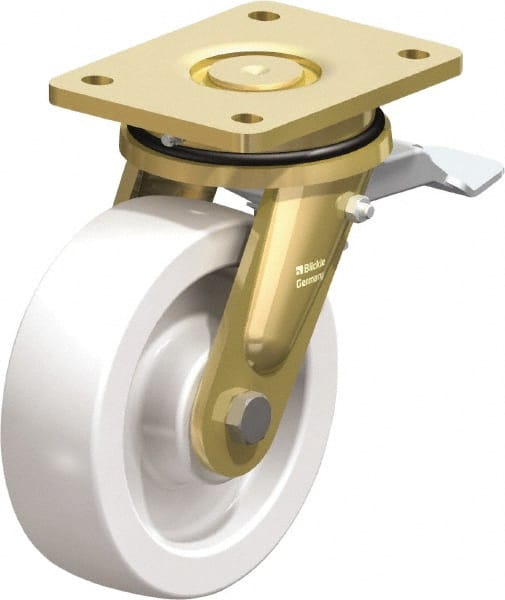 Blickle - 6-1/2" Diam x 1-31/32" Wide x 8-1/16" OAH Top Plate Mount Swivel Caster with Brake - Impact-Resistant Nylon, 1,870 Lb Capacity, Plain Bore Bearing, 5-1/2 x 4-3/8" Plate - Exact Tooling