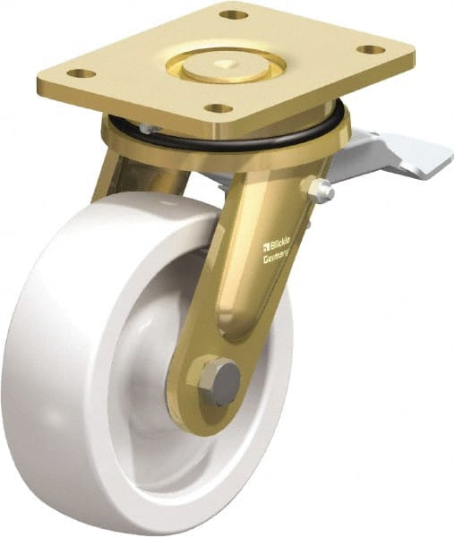 Blickle - 6" Diam x 1-31/32" Wide x 7-7/8" OAH Top Plate Mount Swivel Caster with Brake - Impact-Resistant Nylon, 1,760 Lb Capacity, Plain Bore Bearing, 5-1/2 x 4-3/8" Plate - Exact Tooling