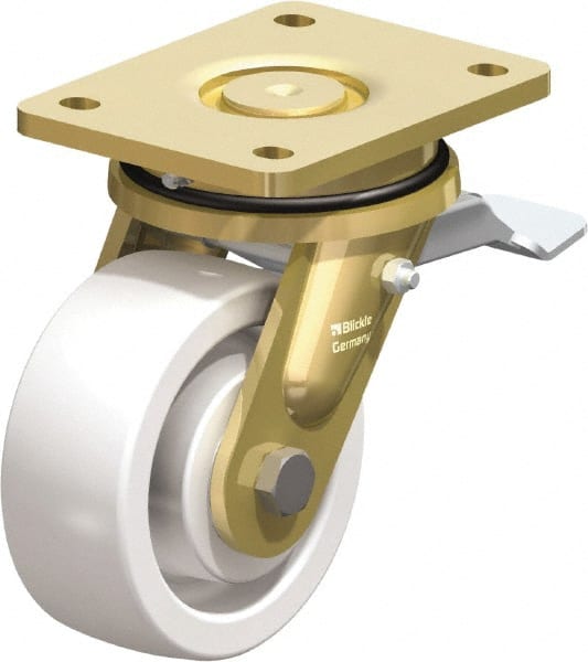 Blickle - 5" Diam x 1-31/32" Wide x 6-11/16" OAH Top Plate Mount Swivel Caster with Brake - Impact-Resistant Nylon, 1,650 Lb Capacity, Ball Bearing, 5-1/2 x 4-3/8" Plate - Exact Tooling