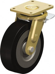 Blickle - 10" Diam x 3-9/64" Wide x 12" OAH Top Plate Mount Swivel Caster with Brake - Solid Rubber, 2,200 Lb Capacity, Ball Bearing, 6-7/8 x 5-1/2" Plate - Exact Tooling