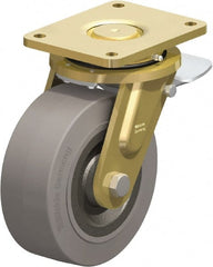Blickle - 8" Diam x 3-9/64" Wide x 10-1/32" OAH Top Plate Mount Swivel Caster with Brake - Solid Rubber, 1,870 Lb Capacity, Ball Bearing, 6-7/8 x 5-1/2" Plate - Exact Tooling