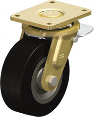 Blickle - 8" Diam x 3-9/64" Wide x 10-1/32" OAH Top Plate Mount Swivel Caster with Brake - Solid Rubber, 1,870 Lb Capacity, Ball Bearing, 6-7/8 x 5-1/2" Plate - Exact Tooling