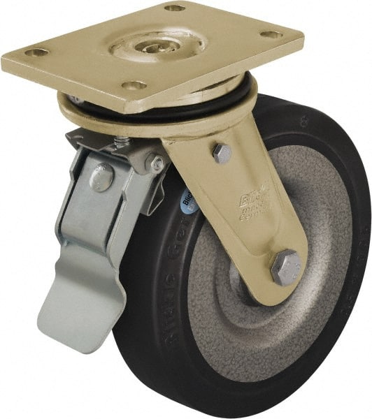 Blickle - 6-1/2" Diam x 1-31/32" Wide x 8-1/16" OAH Top Plate Mount Swivel Caster with Brake - Solid Rubber, 990 Lb Capacity, Ball Bearing, 5-1/2 x 4-3/8" Plate - Exact Tooling