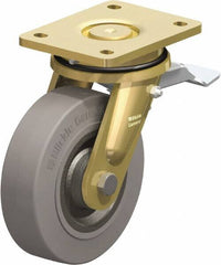 Blickle - 6-1/2" Diam x 1-31/32" Wide x 8-1/16" OAH Top Plate Mount Swivel Caster with Brake - Solid Rubber, 990 Lb Capacity, Ball Bearing, 5-1/2 x 4-3/8" Plate - Exact Tooling