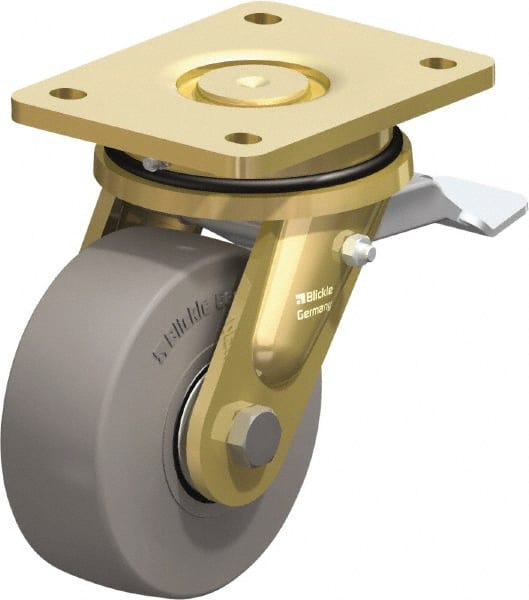 Blickle - 5" Diam x 1-31/32" Wide x 6-11/16" OAH Top Plate Mount Swivel Caster with Brake - Solid Rubber, 704 Lb Capacity, Ball Bearing, 5-1/2 x 4-3/8" Plate - Exact Tooling