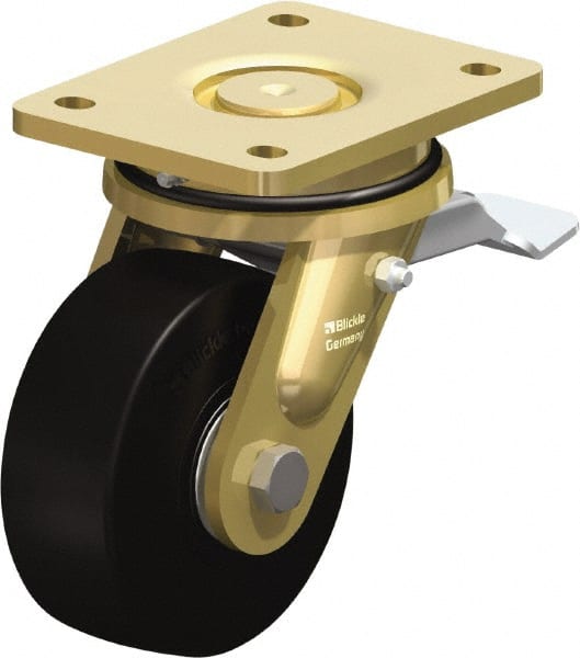 Blickle - 5" Diam x 1-31/32" Wide x 6-11/16" OAH Top Plate Mount Swivel Caster with Brake - Solid Rubber, 704 Lb Capacity, Ball Bearing, 5-1/2 x 4-3/8" Plate - Exact Tooling