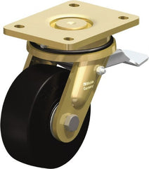 Blickle - 5" Diam x 1-31/32" Wide x 6-11/16" OAH Top Plate Mount Swivel Caster with Brake - Solid Rubber, 704 Lb Capacity, Ball Bearing, 5-1/2 x 4-3/8" Plate - Exact Tooling