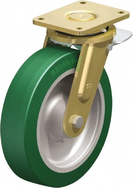 Blickle - 12" Diam x 3-9/64" Wide x 13-31/32" OAH Top Plate Mount Swivel Caster with Brake - Polyurethane-Elastomer Blickle Softhane, 3,960 Lb Capacity, Ball Bearing, 6-7/8 x 5-1/2" Plate - Exact Tooling