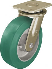 Blickle - 8" Diam x 3-9/64" Wide x 10-1/32" OAH Top Plate Mount Swivel Caster - Polyurethane-Elastomer Blickle Softhane, 2,640 Lb Capacity, Ball Bearing, 6-7/8 x 5-1/2" Plate - Exact Tooling