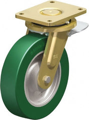 Blickle - 10" Diam x 2-23/64" Wide x 12" OAH Top Plate Mount Swivel Caster with Brake - Polyurethane-Elastomer Blickle Softhane, 2,640 Lb Capacity, Ball Bearing, 6-7/8 x 5-1/2" Plate - Exact Tooling