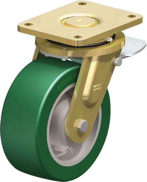 Blickle - 8" Diam x 3-9/64" Wide x 10-1/32" OAH Top Plate Mount Swivel Caster with Brake - Polyurethane-Elastomer Blickle Softhane, 2,640 Lb Capacity, Ball Bearing, 6-7/8 x 5-1/2" Plate - Exact Tooling