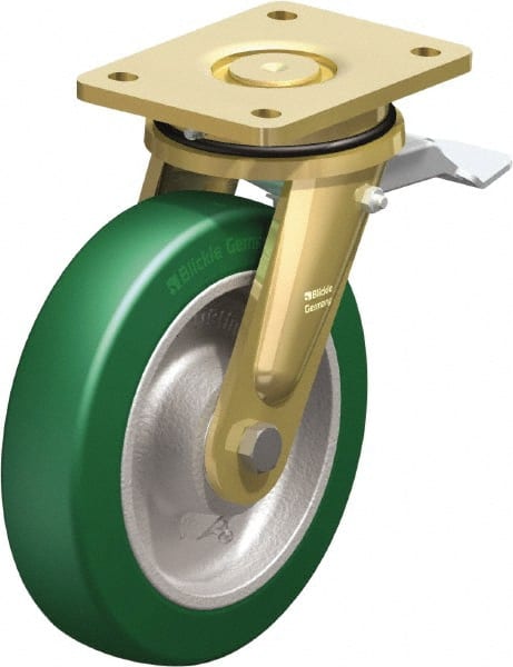 Blickle - 8" Diam x 1-31/32" Wide x 9-41/64" OAH Top Plate Mount Swivel Caster with Brake - Polyurethane-Elastomer Blickle Softhane, 1,760 Lb Capacity, Ball Bearing, 5-1/2 x 4-3/8" Plate - Exact Tooling