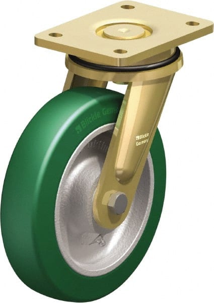 Blickle - 8" Diam x 1-31/32" Wide x 9-41/64" OAH Top Plate Mount Swivel Caster - Polyurethane-Elastomer Blickle Softhane, 1,760 Lb Capacity, Ball Bearing, 5-1/2 x 4-3/8" Plate - Exact Tooling