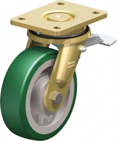 Blickle - 6-1/2" Diam x 1-31/32" Wide x 8-5/64" OAH Top Plate Mount Swivel Caster with Brake - Polyurethane-Elastomer Blickle Softhane, 1,320 Lb Capacity, Ball Bearing, 5-1/2 x 4-3/8" Plate - Exact Tooling