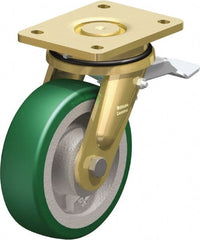 Blickle - 6-1/2" Diam x 1-31/32" Wide x 8-5/64" OAH Top Plate Mount Swivel Caster with Brake - Polyurethane-Elastomer Blickle Softhane, 1,320 Lb Capacity, Ball Bearing, 5-1/2 x 4-3/8" Plate - Exact Tooling