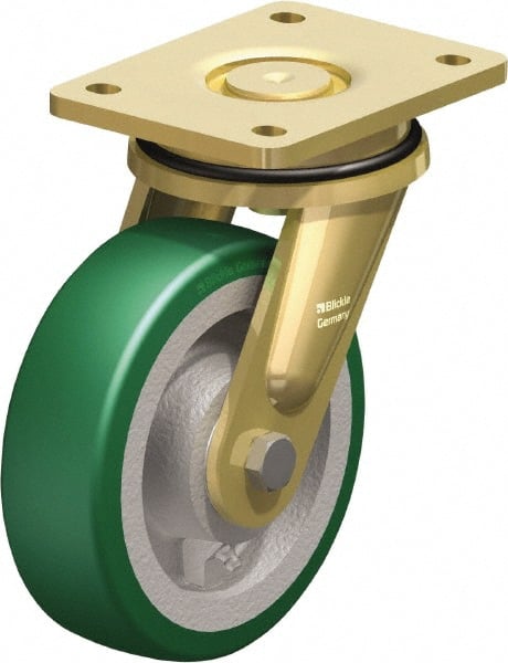 Blickle - 6-1/2" Diam x 1-31/32" Wide x 8-5/64" OAH Top Plate Mount Swivel Caster - Polyurethane-Elastomer Blickle Softhane, 1,320 Lb Capacity, Ball Bearing, 5-1/2 x 4-3/8" Plate - Exact Tooling